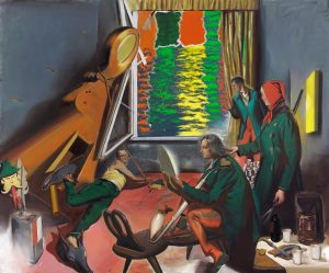 Neo Rauch: Unter Feuer, 2010, Öl auf Leinwand, 250 x 300 cm; Museum der bildenden Künste Leipzig. © VG Bild-Kunst, Bonn 2025. Foto: Uwe Walter, Berlin